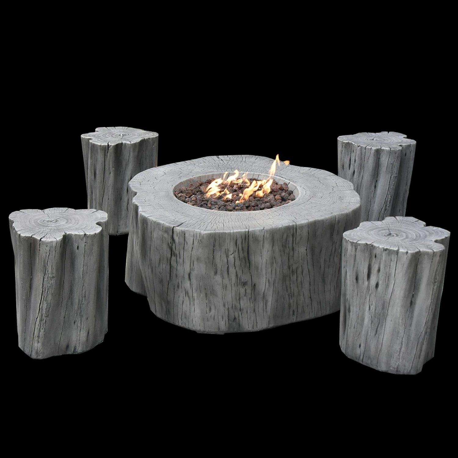 Gardenforma Sitzgruppen -Set: Gas Feuerstelle Manchester Aus Faserbeton In Baumstammoptik, Hellgrau & 4x Hocker 5 Gardenforma Sitzgruppen -Set: Gas Feuerstelle Manchester Aus Faserbeton In Baumstammoptik, Hellgrau & 4x Hocker – Bild 5